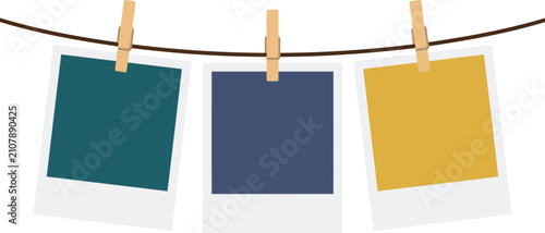 Three hanging blank instant frames on transparent background