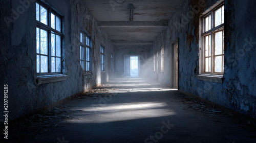 An eerie, dimly lit hallway with dusty, old windows and sunlight streaming through the dust motes. The atmosphere is unsettling and mysterious, evoking a sense of abandonment and decay