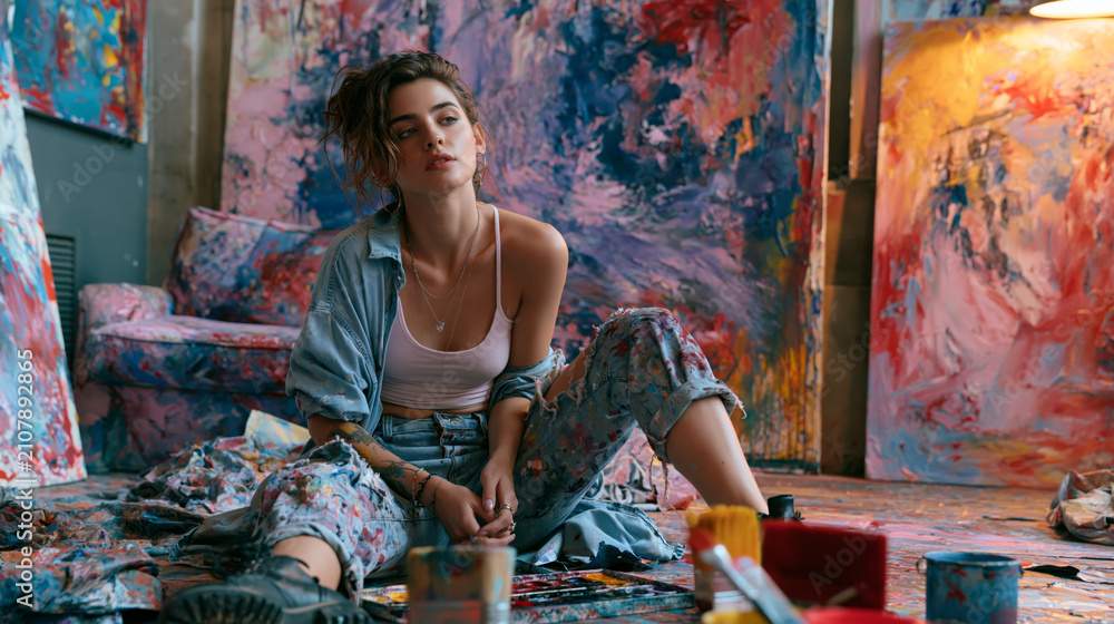 Fototapeta premium Young female artist relaxing in colorful studio surrounded by abstract paintings and paint-splattered clothes