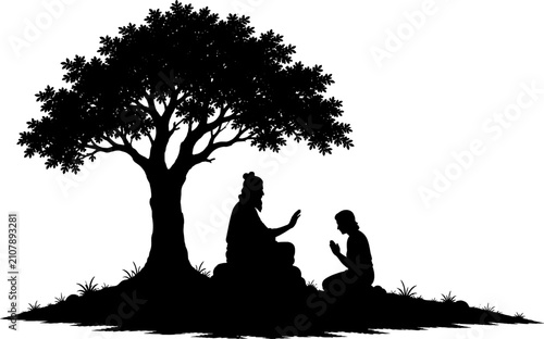 Photos Black silhouette vector illustration of a guru teaching a disciple beneath a large sacred tree