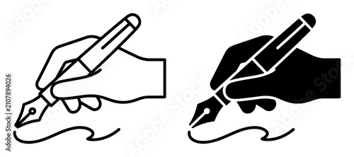 Hand holding a fountain pen writing a curvy line icon set in black and white style on transparent background