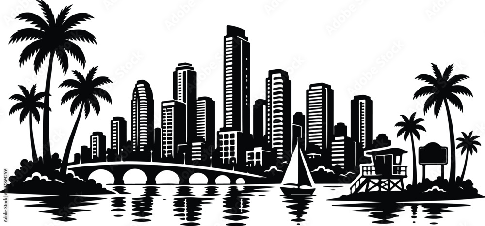 Fototapeta premium Miami Skyline Silhouette Landscape Vector Illustration