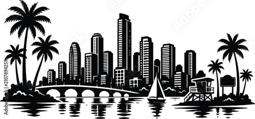 Miami Skyline Silhouette Landscape Vector Illustration