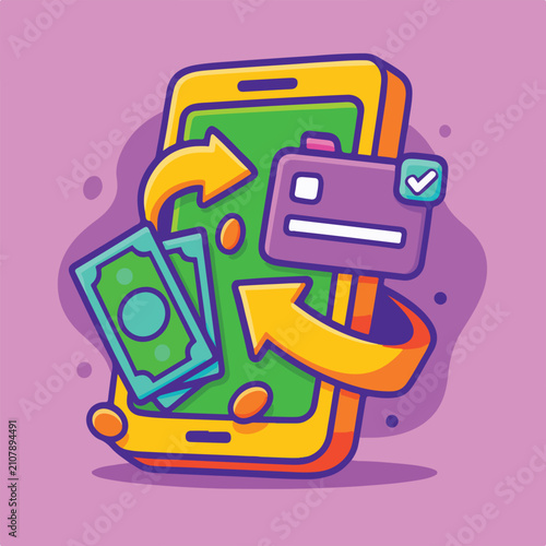 Mobile Money Transfer with Cash and Credit Card Cartoon Vector