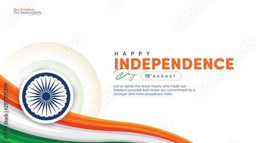 Cuadro en lienzo Modern 80th Independence Day of India 2026 horizontal banner featuring Ashoka Chakra, flowing tricolor wave, and patriotic typography