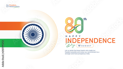 Modern 80th Independence Day of India 2026 banner featuring Ashoka Chakra, tricolor flag, colorful 80th typography, and patriotic design. Perfect for web banners, greeting cards, social media posts, a