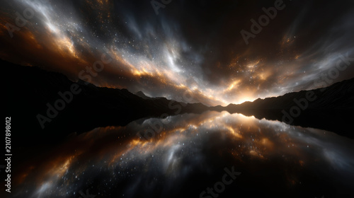 A surreal landscape with glowing clouds reflected in a dark body of water, creating a sense of cosmic wonder and mystery