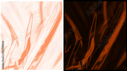 Abstract copper plastic texture, wrinkled metallic foil background, burnt orange cellophane film surface, industrial wrap material