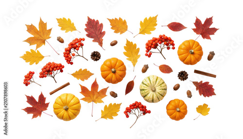 Autumn flat lay with pumpkins and colorful fall leaves, seasonal harvest arrangement, thanksgiving decoration concept isolated PNG with Transparent Background