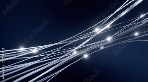 Abstract glowing fiber optic lines against a dark blue background, suggesting data transfer and connectivity