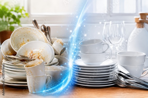 Dirty dishes before and after cleaning, sparkling clean kitchenware with blue energy flow