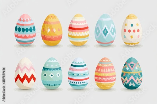 Set of Decorative Pastel Easter Eggs with Minimalist Geometric Patterns Isolated on Gray Background