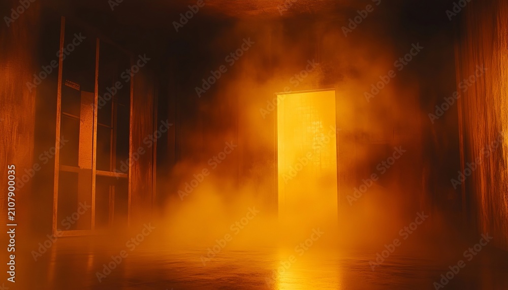 Obraz premium Spooky Abstract Halloween Background with Atmospheric Thick Fog and Warm Golden Glowing Light Haze