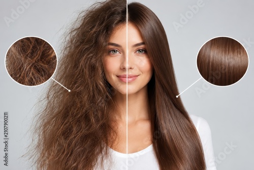 Woman with healthy shiny hair compared to dry frizzy hair before and after treatment