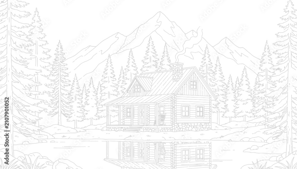 Naklejka premium Cabin Surrounded by Trees and Mountains in a Serene Landscape Featuring Nature, Peaceful, Forest with Illustration and Drawing