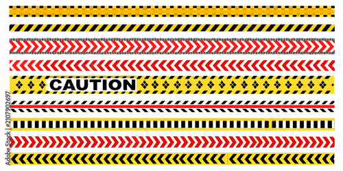 Canvastavla Caution tape patterns with yellow black and red designs on a white background