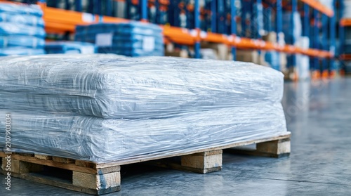 Large white bags shrink wrapped on wooden pallet in storage facility