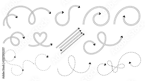 Foto Set of decorative dotted path lines with arrowhead directional icons, direction