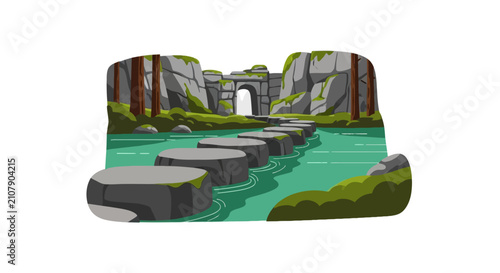Photography Stepping stones across a river leading to a forest archway