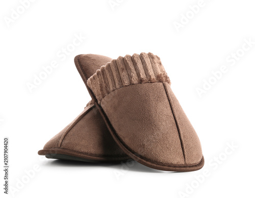 Soft brown slippers on whit...