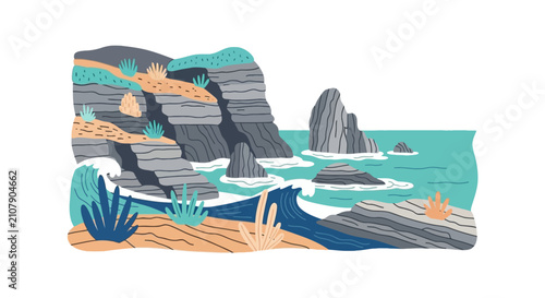 Картината върху платно Coastal cliffs and ocean waves with seaside vegetation
