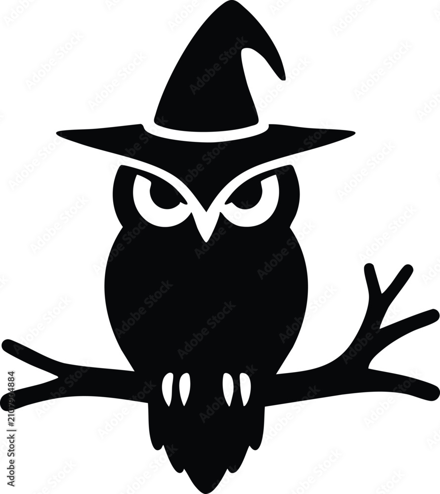 Fototapeta premium Black owl wearing a witch hat perched on a tree branch Halloween illustration spooky bird