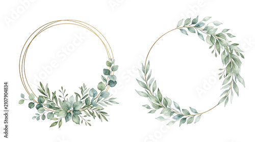 Elegant gold wreath borders with lush green eucalyptus foliage.