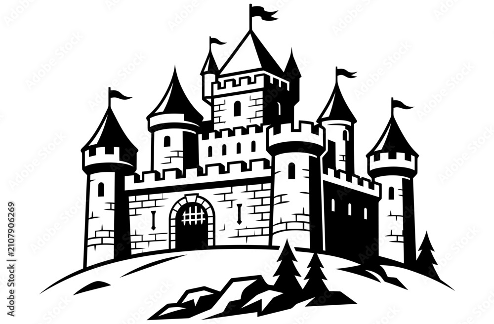 Fototapeta premium Medieval castle with towers and flags on a hilltop in a vector graphic illustration style