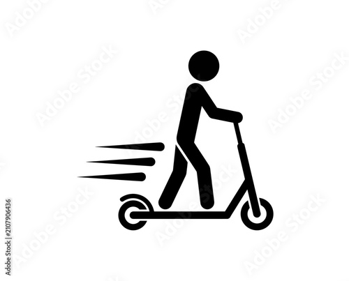 Electric scooter rider icon, fast micro mobility vector, black stick figure sign on white