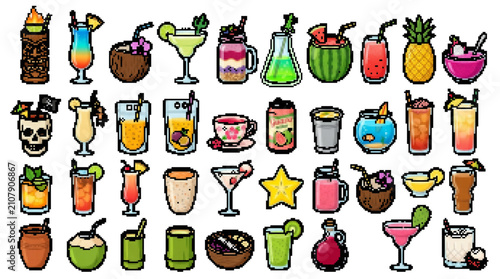 tropical drink cocktail beverage summer juice party pixel 8-bit retro icon set collection vector illustration graphic design bar