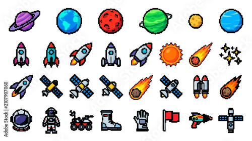 space exploration planet rocket astronaut galaxy universe pixel 8-bit retro icon set collection vector illustration graphic design star