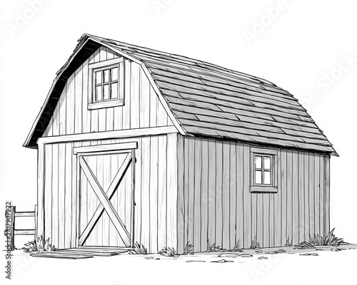 Black and White Hand Drawn Illustration of a Rustic Barn Structure Isolated on White Background