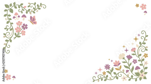 Decorative floral corner frame with flowers leaves butterfly and mushrooms for card design wedding invitation layout and scrapbook embellishment