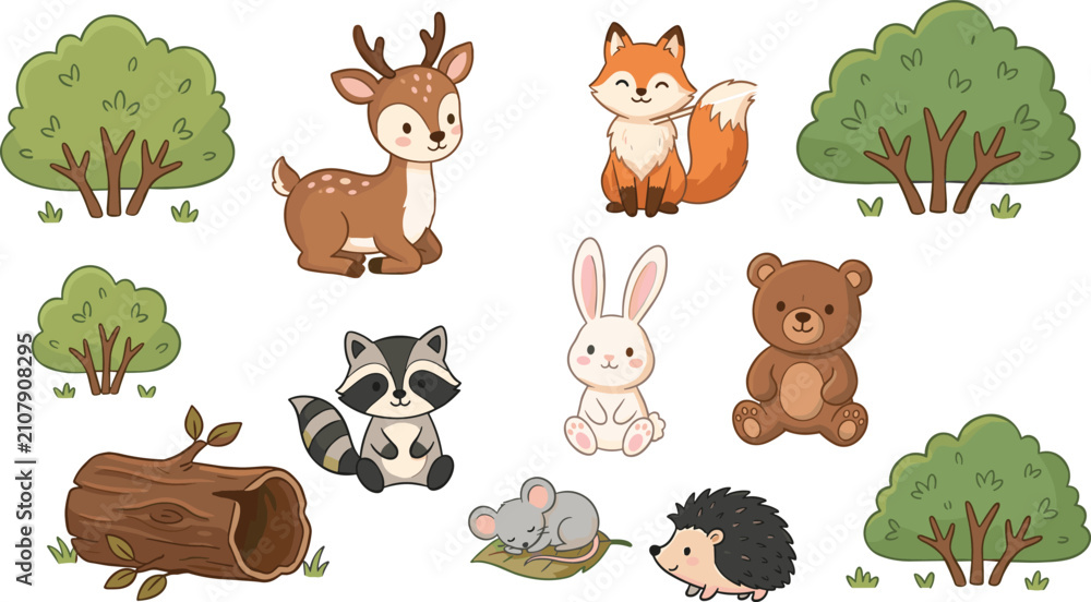 Obraz premium Adorable Forest Wildlife Set with Sitting Deer, Fox, Raccoon, Bunny, Teddy Bear, Sleeping Mouse, Hedgehog, Bushes, and Wooden Log