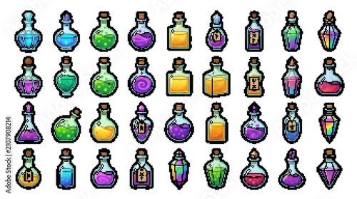 Cuadro en lienzo potion magic flask bottle elixir alchemy game pixel 8-bit retro icon set collect