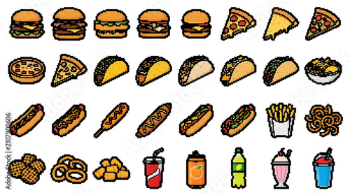 fast food burger pizza fries meal snack junk pixel 8-bit retro icon set collection vector illustration graphic design isolated