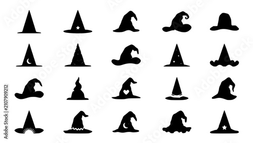 Witch Hats in Various Shapes and Designs Featuring Silhouettes, Black, Magic with Halloween and Costumes Elements for Fantasy