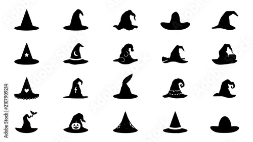 Witch Hats in Various Shapes and Designs, Black and White Illustration Featuring Magic, Witchcraft, Halloween with Spooky