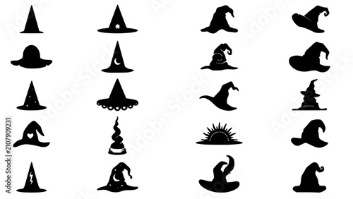 Witch Hats in Various Shapes and Styles for Halloween and Fantasy Designs Featuring Magic, Spell, Sorceress with Witchcraft