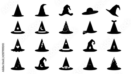 Witch Hats in Various Shapes and Designs, Black Silhouettes on White Background Featuring Magic, Witchcraft, Fantasy with Occult