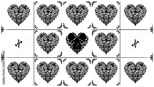 Hearts with Intricate Floral Designs Arranged in a Grid Pattern Featuring Heart, Design, Black with White and Vector Elements