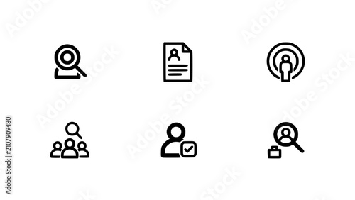 Icons Representing Recruitment and Search Concepts with Magnifying Glasses and User Profiles Featuring Icon, Glass, Profile