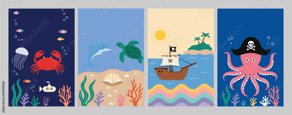 Fototapeta premium Cute Underwater Marine Life and Ocean Adventure Vector Illustration Set with Sea Animals,