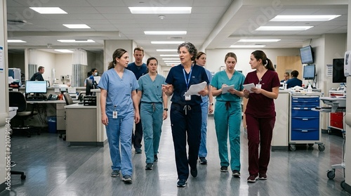 Emergency department nurse manager walking the floor during a shift-change huddle with several staff members
