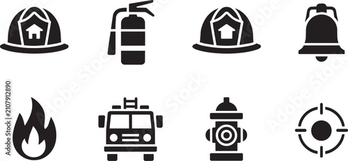 Cuadro en lienzo Set of emergency fire service icons featuring helmets extinguisher bell flame fire engine hydrant and target signs in flat vector style for professional safety communication branding