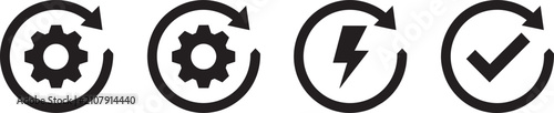 Selection of vector line art icons depicting gear cog wheels within refresh arrows lightning bolt and check mark symbols for system optimization and technology interface design.