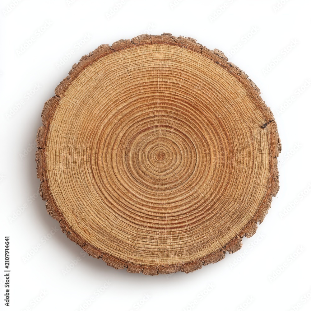 Obraz premium Circular wood grain cross-section with concentric rings on a white background