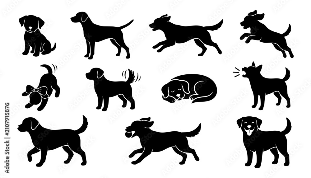 Obraz premium Dogs in Various Poses and Activities, Black Silhouettes Featuring Dog, Silhouette, Pet with Animal and Running Elements
