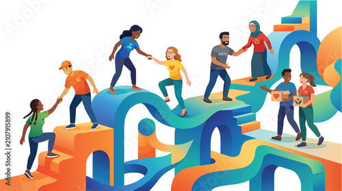 Diverse group of people helping each other climb up colorful stairs.