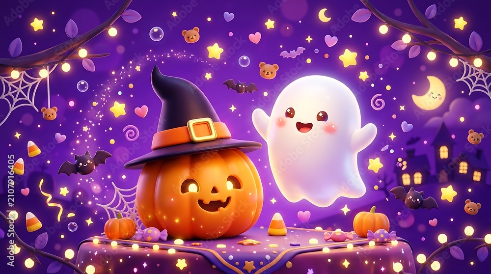 Obraz premium Cute halloween pumpkin and ghost illustration
